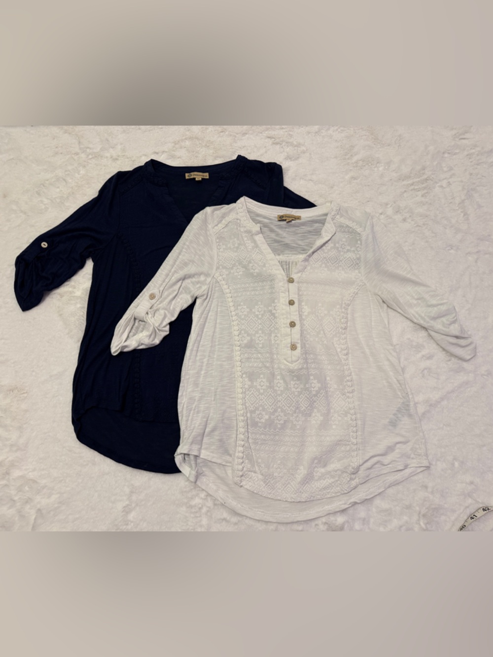 Democracy White and Navy Button Henley Blouses